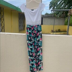 Tropical Floral Jumpsuit with White Lace Top ( S )